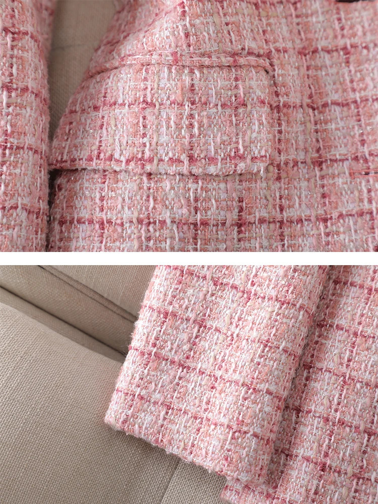 Long Sleeve Autumn Winter Women Blazer Ladies Pink Beige Plaid Female Casual Jacket Coat 240808