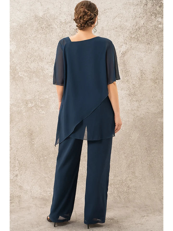 Women Pant Matching Set Plus Size Mother Of The Bride Decorative Button Single Cape Asymmetrical Hem Chiffon Two Piece Pant Suit 240813