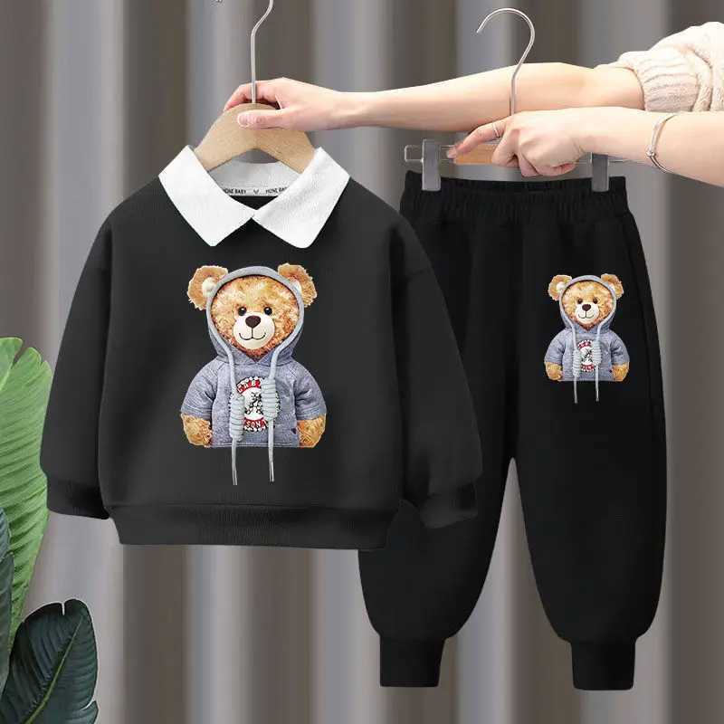 Clothing Sets Autumn Children Boy Clothes Set Kid Girls Cartoon Bear Printed Lapel Sweatshirts Pullover Top and Pants 2pcs Suit Baby TracksuitL488