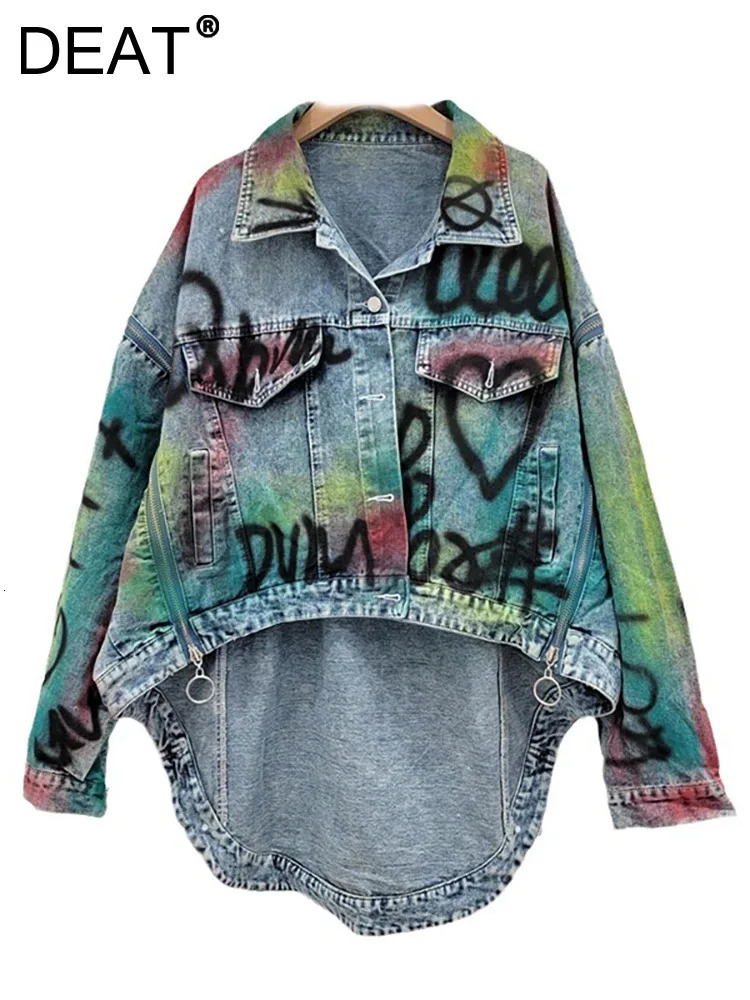 DEAT Women Denim Coat Loose Patchwork Zippers Letters Graffiti Contrast Color Irregular Jackets Autumn Fashion 33A1421 240808