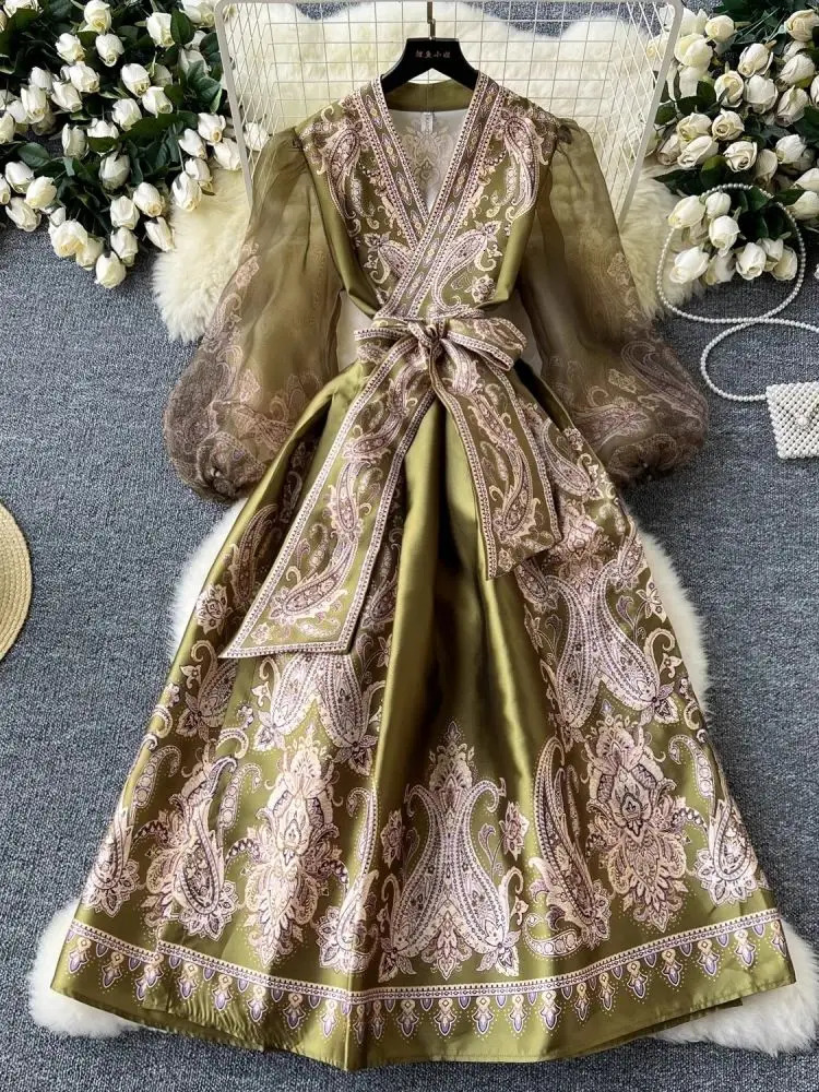 Paisley Print Bandage Lace Up Wrap Dress Women Cross V Neck Lantern Sleeve Chiffon Patchwork Thick Satin Long Party Vestidos 240808