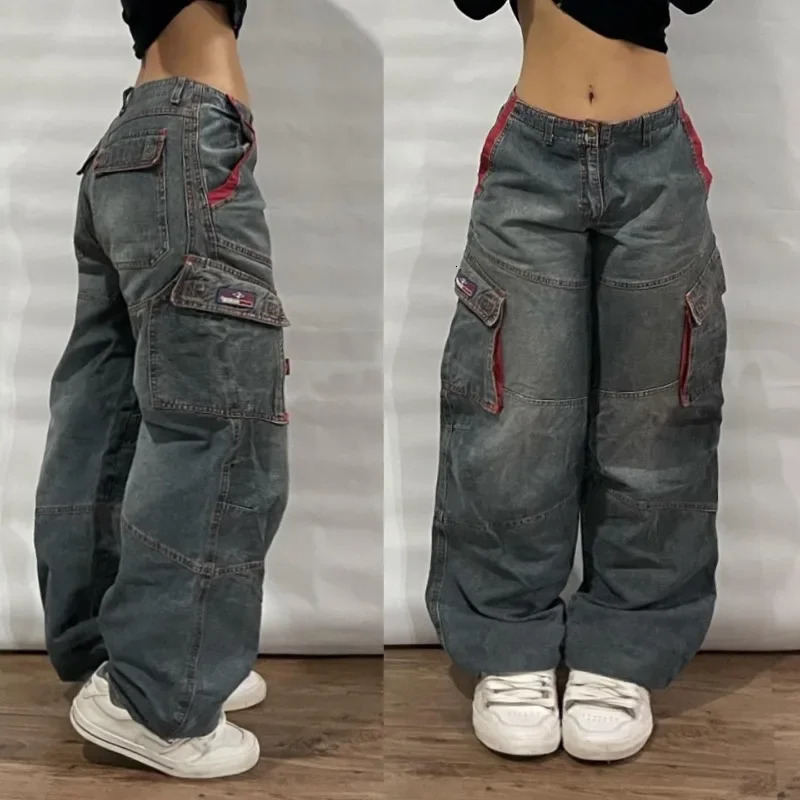 Y2K Baggy Jeans Womens Multipocket Washed Vintage Harajuku Oversized Denim Pants High Waist Wide Leg Trousers 240809