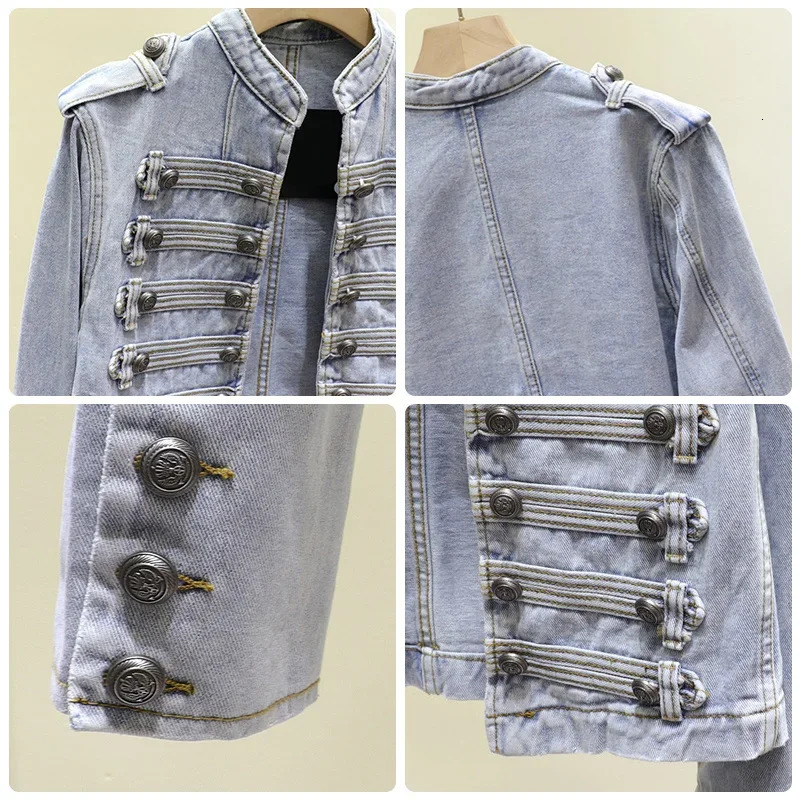 Retro military style mens standing collar denim jacket womens doublelayer ultrathin short coat 240807
