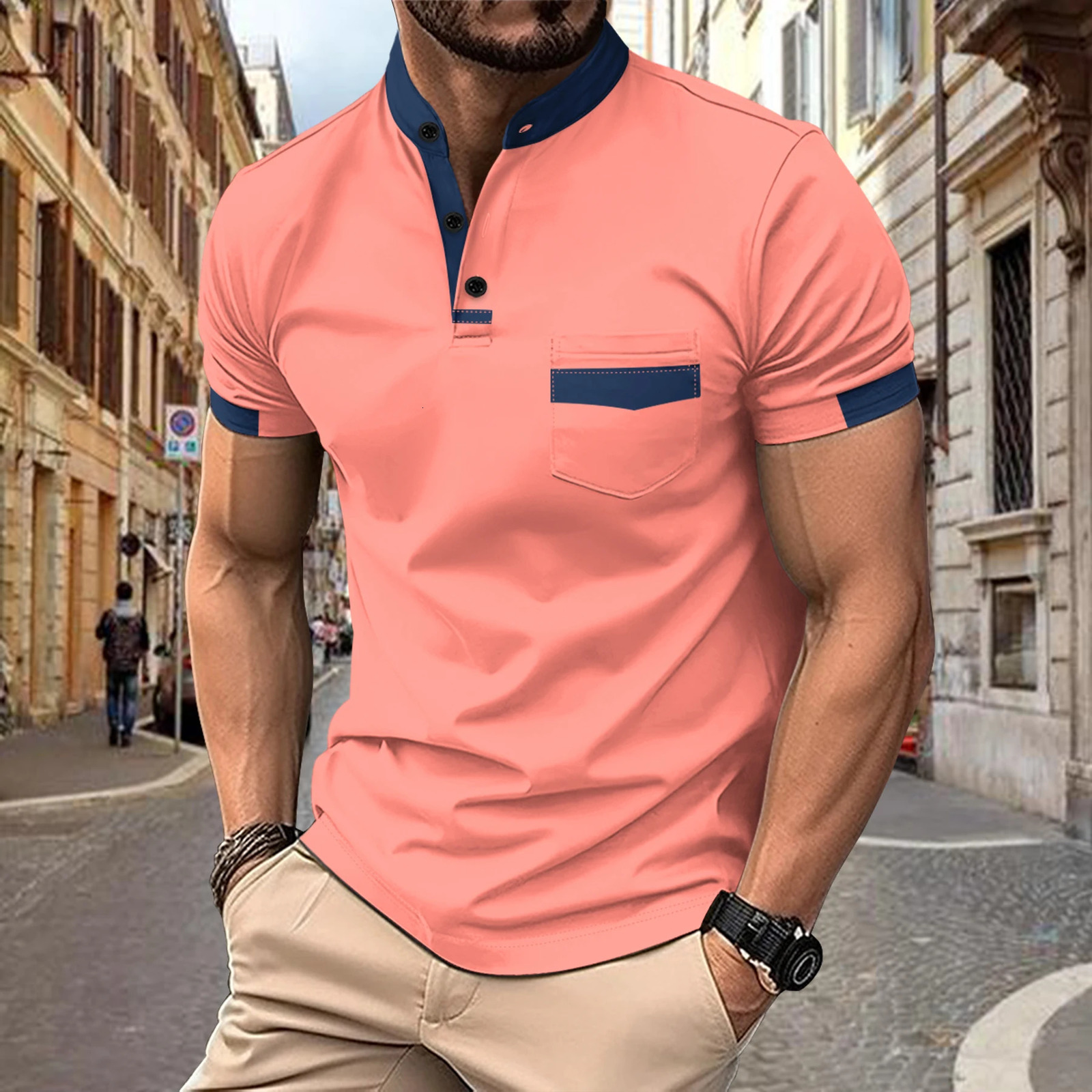 European and American mens polo shirt travel casual short sleeved stand up collar color matching 240828