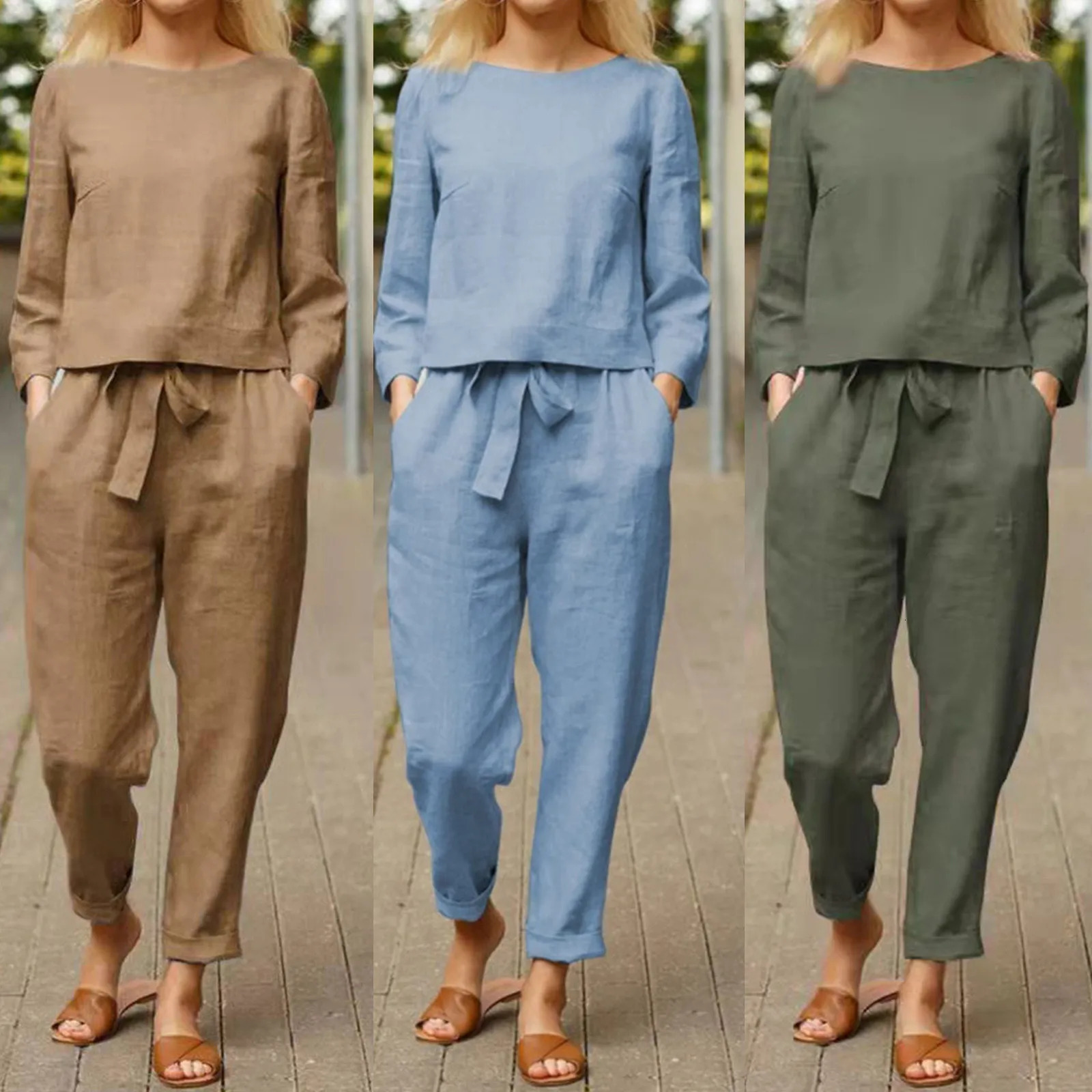Womens Comfortable Loose Cotton Linen Suit Casual Vintage Solid Color Top And Drawstring Wide Leg Long Pants Two Piece Set 240813
