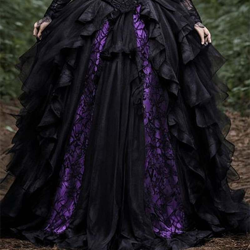 Vintage Purple And Black Gothic Prom Dresses Lace Appliques Ruffles Corset Steampunk Medieval Evening Gowns Vampire Masquerade Dress For Women