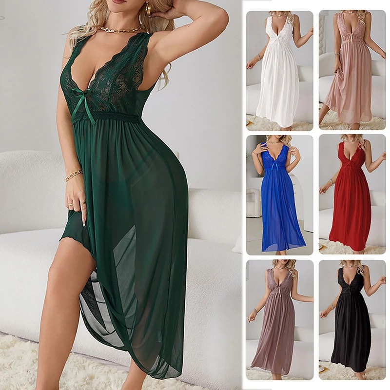 Womens Sleeveless V Neck Lace Lingerie Nightgown Sleepwear Long Sexy Chemises Sleep Dress for Women Elegant Babydoll Multicolor