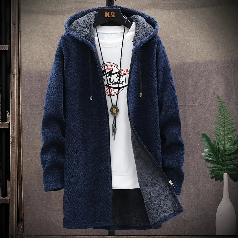 Men Zipper Knitted Parka Jacket Hooded Casual Solid Sweater Cardigan Trench Coat 240814