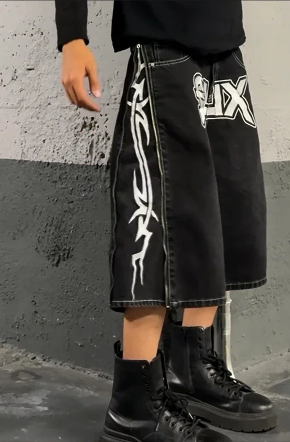 Y2k geometric letter printed bag denim shorts mens retro gothic zipper wide leg fashionable streetwear Jorts clothing 240808