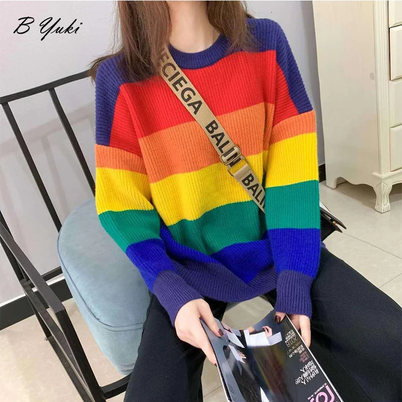 Blessyuki Oversized Knitted Rainbow Sweater Women Fashion Stripes Contrast Round Neck Pullover Sweater Casual Loose Cute Jumper 240808