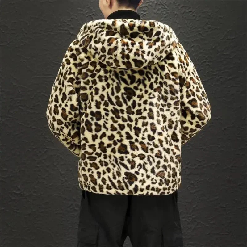 autumn and winter leopard print jacket fashionable zipper hooded casual loose cotton windproof for men women 240812