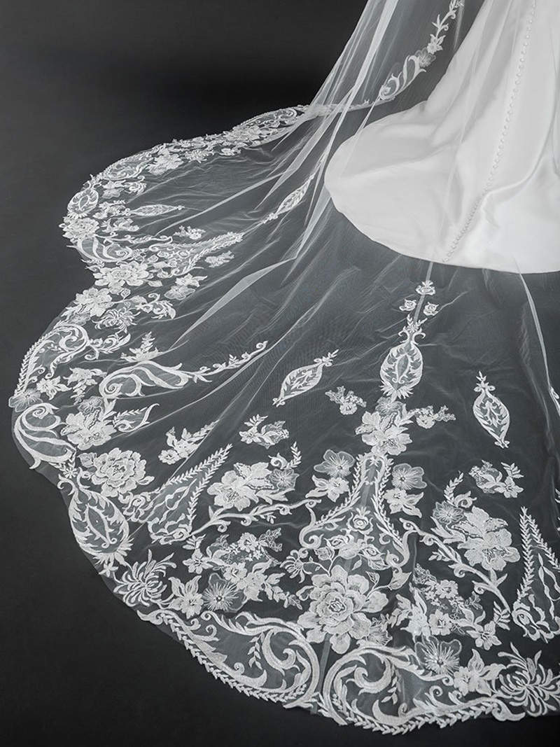 Customized Modern Wedding Veils Appliques Lace One Layer Cathedral Length Bride Veil Applique Edge With Comb Bridal Accessories