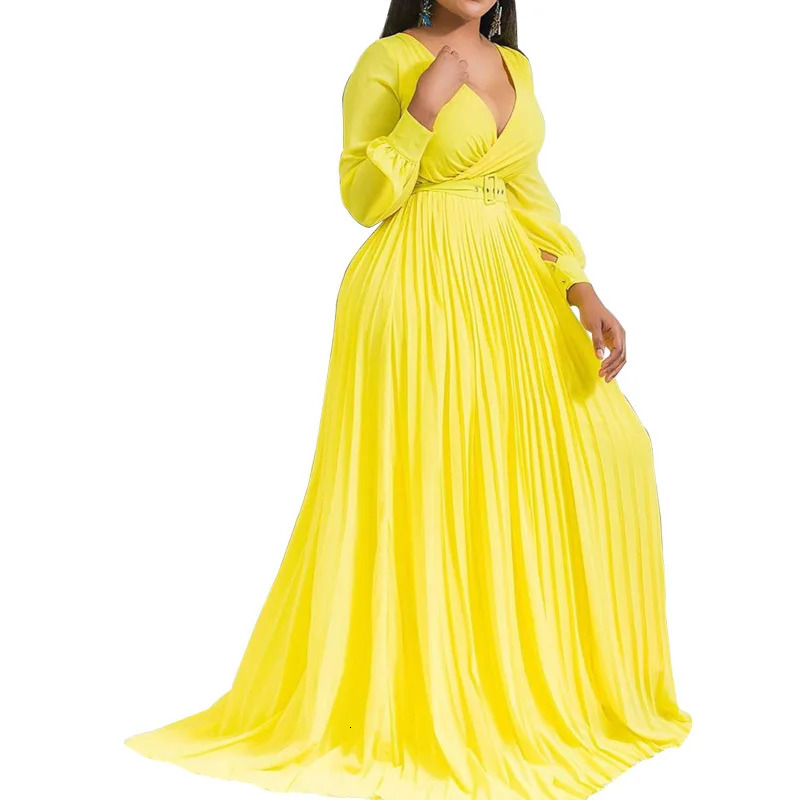 Sexy Yellow Plus Size Women Loose Long Dresses Pleated Plain Dinner Evening Party Vintage Female Autumn Maxi Dress 4XL 5XL 240808