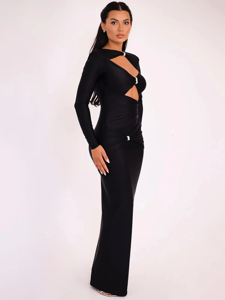Mozision Elegant Hollow Out Long Sleeve Sexy Maxi Dress For Women Solid Color Slim Fit Cut Out Club Party Long Dress 240808
