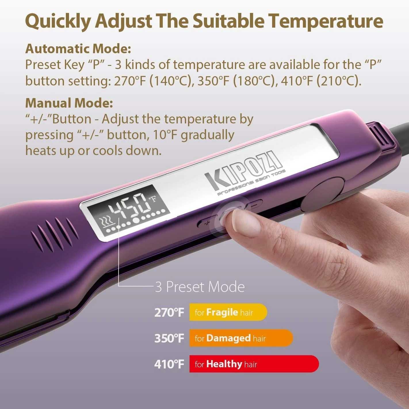 KIPOZI professional straightener made of titanium flat iron equipped with a digital LCD display screen and dual pressure instant heating curling iron 