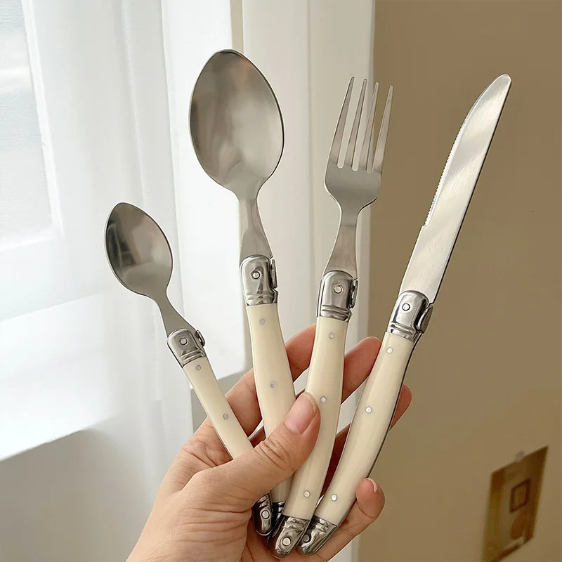 24Pcs Laguiole Cutlery Set Steak Knife Fork Soup Tea Spoon Ivory White Plastic Handle Food Grade Stainless Steel Dinnerware 240808