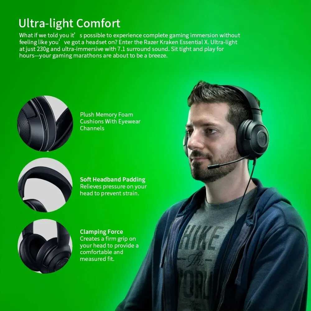 Razer Kraken X Essential Gaming Headset 7.1 Surround Sound Headphone Bendable Cardioid Microphone 40mm Driver Unit HeadphonesCL240808