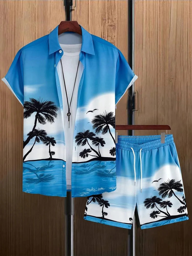Mens Hawaiian Short sleeved and Beach Shorts Set Beach Resort el Mens Casual Summer Shirt Daily Mens Sports Shorts240807
