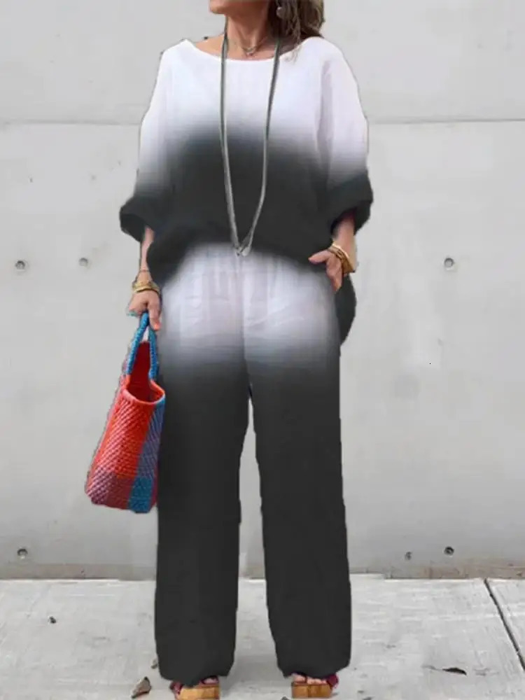 Womens Cotton Linen Gradient Two Piece Set Spring Summer O Neck Long Sleeve Print Shirt High Waist Loose Pants Suit Outfits 240813