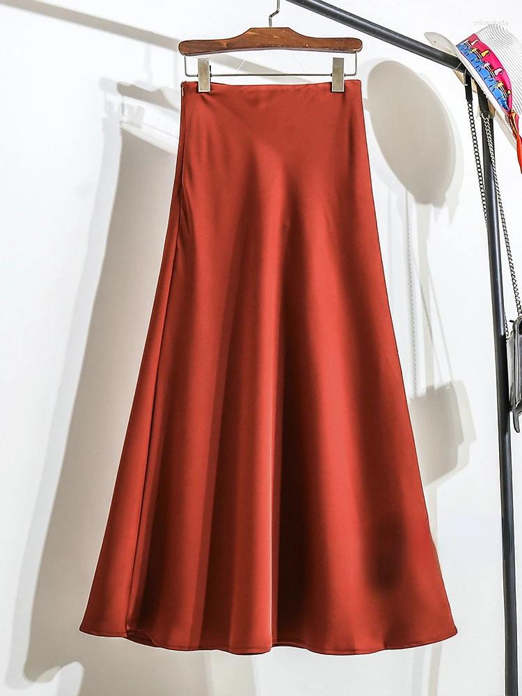 Skirts Womens Long Skirt 2024 Fashion Satin Office Lady Elastic Waist Solid Champagne Purple Red Silk A-LINE For Women