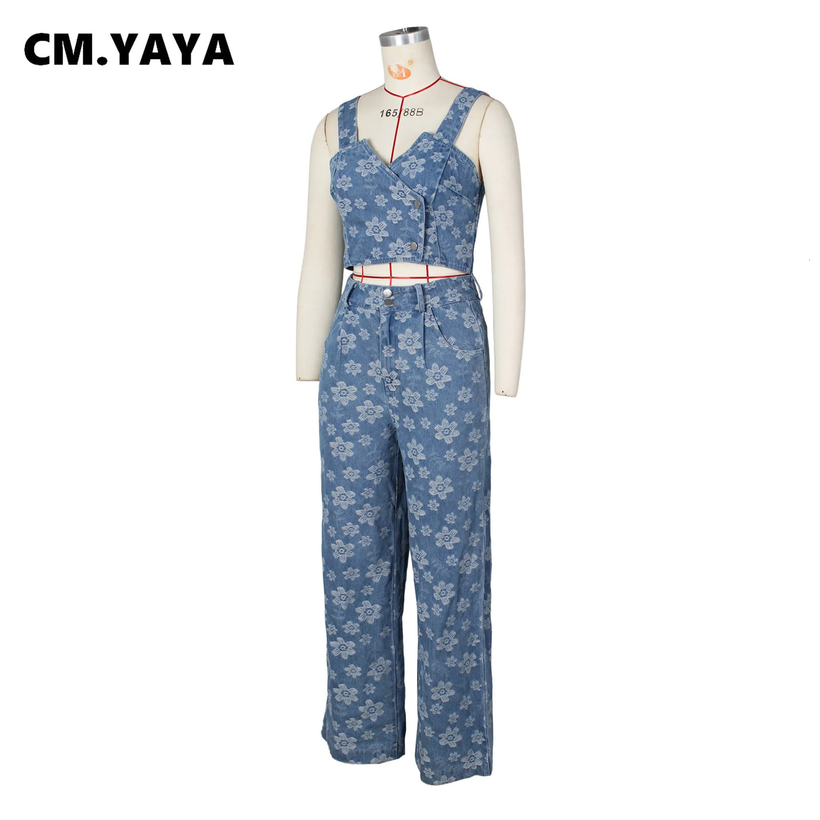 CM.YAYA Jean Jacquard Floral Womens Set Strap Wrap Crop Top and Straight Wide Leg Pants Two 2 Piece Sets Outfit Tracksuit 240813