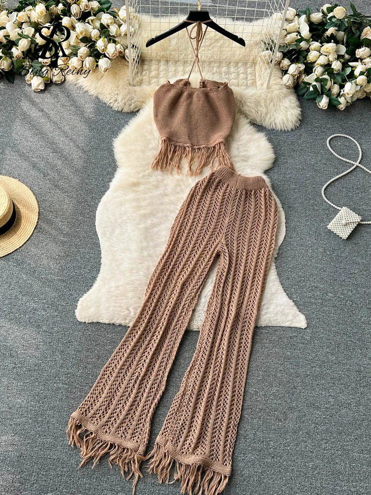 SINGREINY Summer Knitted Beach Two Pieces Sets Women Halter Backless CamisWide Legs Long Pants Tassel Hollow Out Bohe Suits 240813