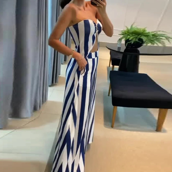 Summer Fashion Womens Two Piece Commuting Striped Print Sexy Open Navel Bra Asymmetric Long Top and High Waist Pants Set 240808