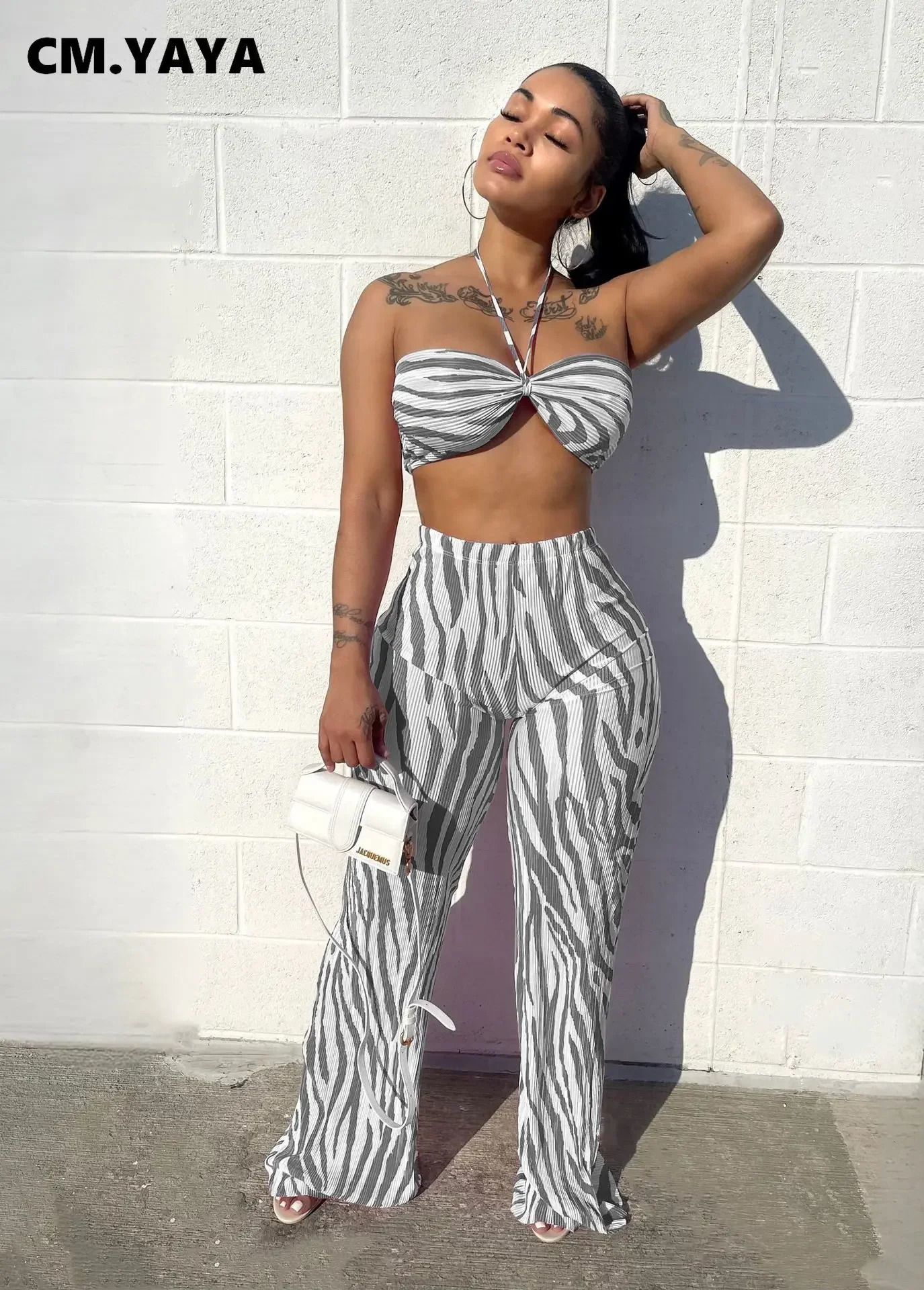 CM.YAYA Zebra Printed Pleated Womens Set Crop Top and Wide Leg Pants Suit Summer Fashion Two 2 Piece Set Outfits Tracksuit 240813