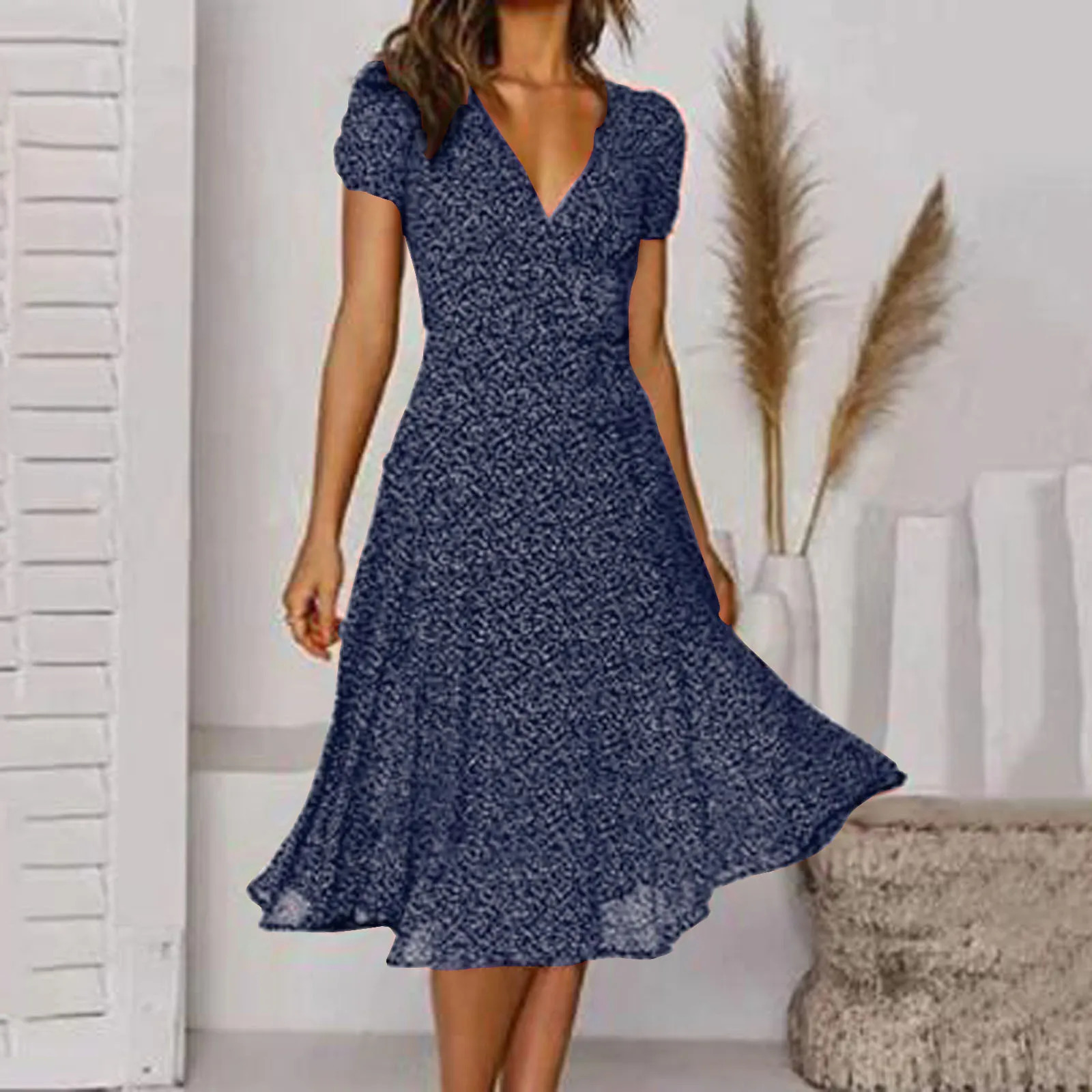 Summer Dresses Ladies Fashion Vintage Polka Dot Print Short Sleeve Dress Casual V Neck High Waisted Chiffon Long Dresses 240808