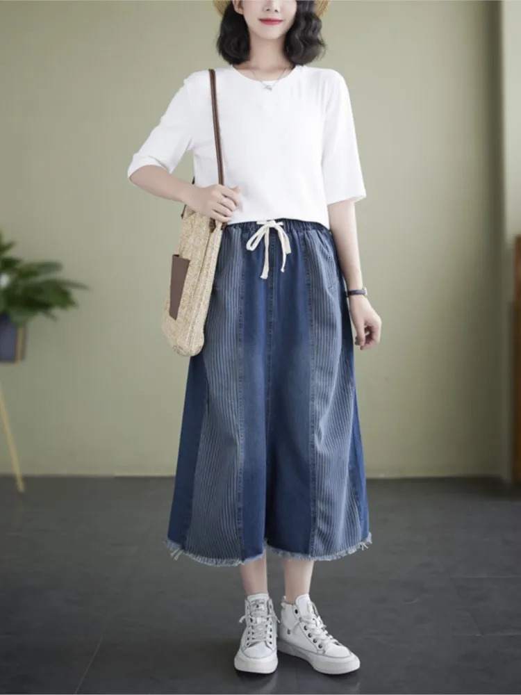 Denim High Waist Oversized Striped Print Patchwork Skirt Women A-Line Ruffle Pleated Loose Ladies Skirts Modis Woman Midi Skirts 240808