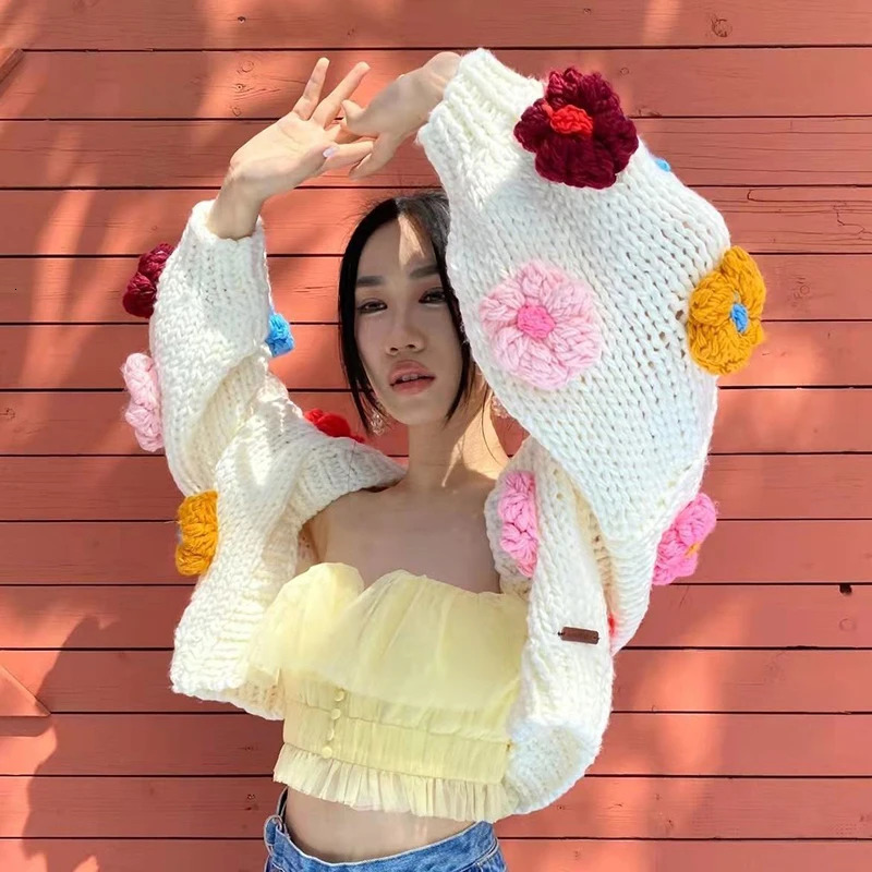 Harajuku Flower Knitted Cardigan Women Sweet Cute Cropped Sweater Coat Y2K Streetwear Floral Knitwear Winter Korean Jumpers Tops 240808