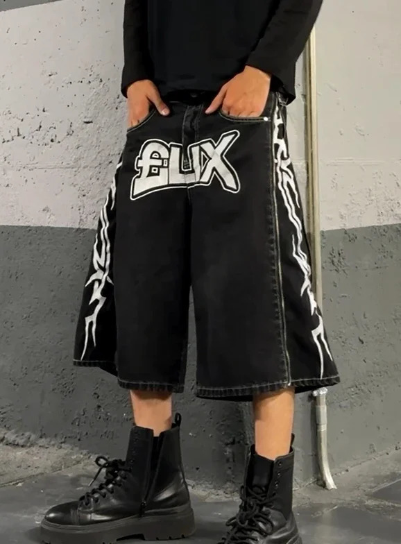 Y2k geometric letter printed bag denim shorts mens retro gothic zipper wide leg fashionable streetwear Jorts clothing 240808