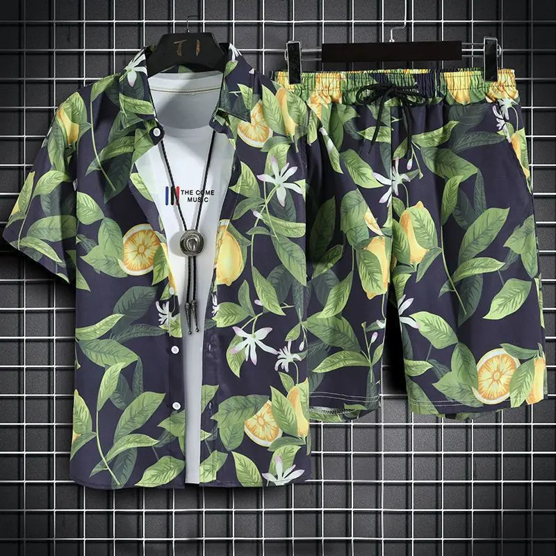 Mens beach clothing 2-piece quick drying Hawaiian shirt and shorts set mens fashion clothing printed casual summer clothing240807