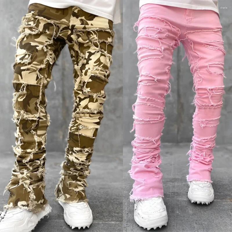 Men's Jeans Regualr Fit Stacked Pants Men Stretch Ripped Washed Distressed Destroyed Straight Denim Hip Hop For
