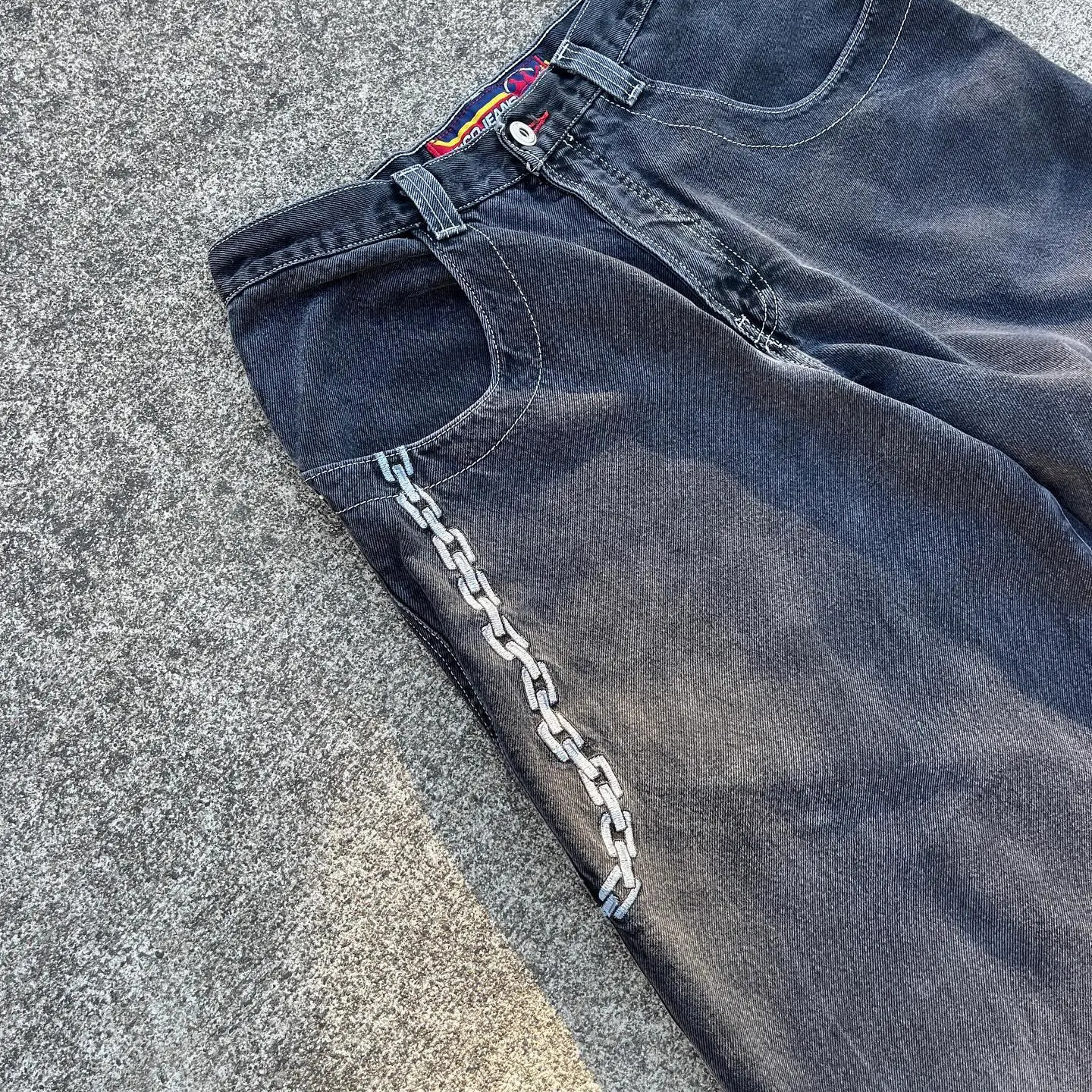 JNCO Chain Embroidery Y2K Vintage Men Jeans Fashion Washed Casual Wide Leg Denim Pants Hip Hop Punk Baggy Trousers Streetwear 240809