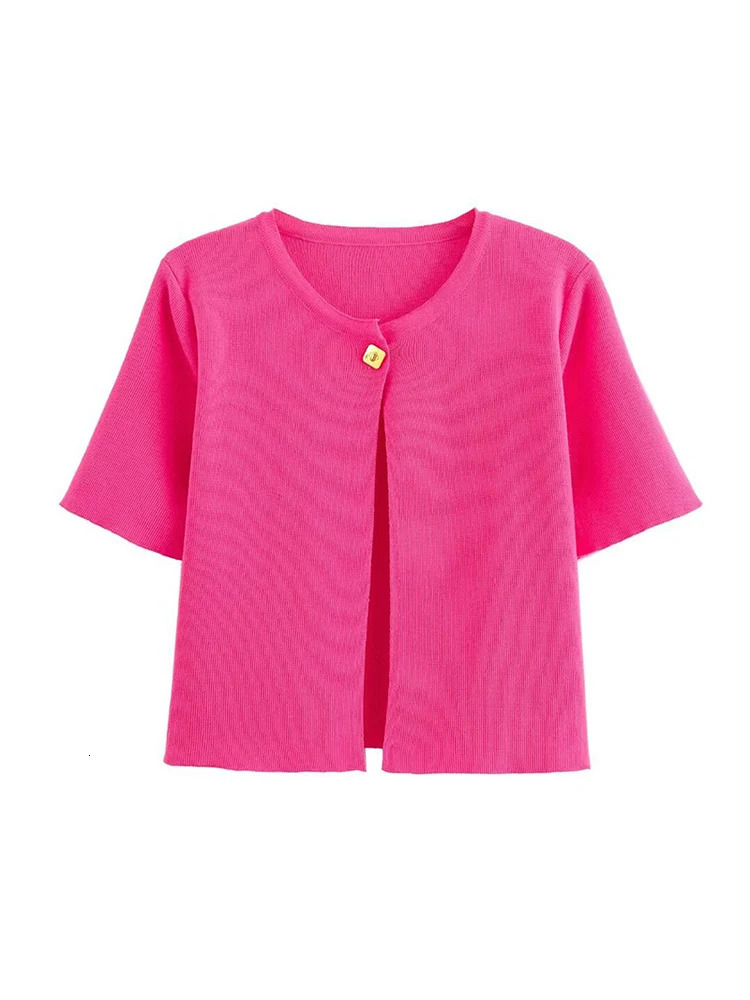 Knitted One Button Cardigans Women Elegant Red Short Sleeve O-neck Sweater Female Autumn Fashion Streetwear Lady Sweaters 240808