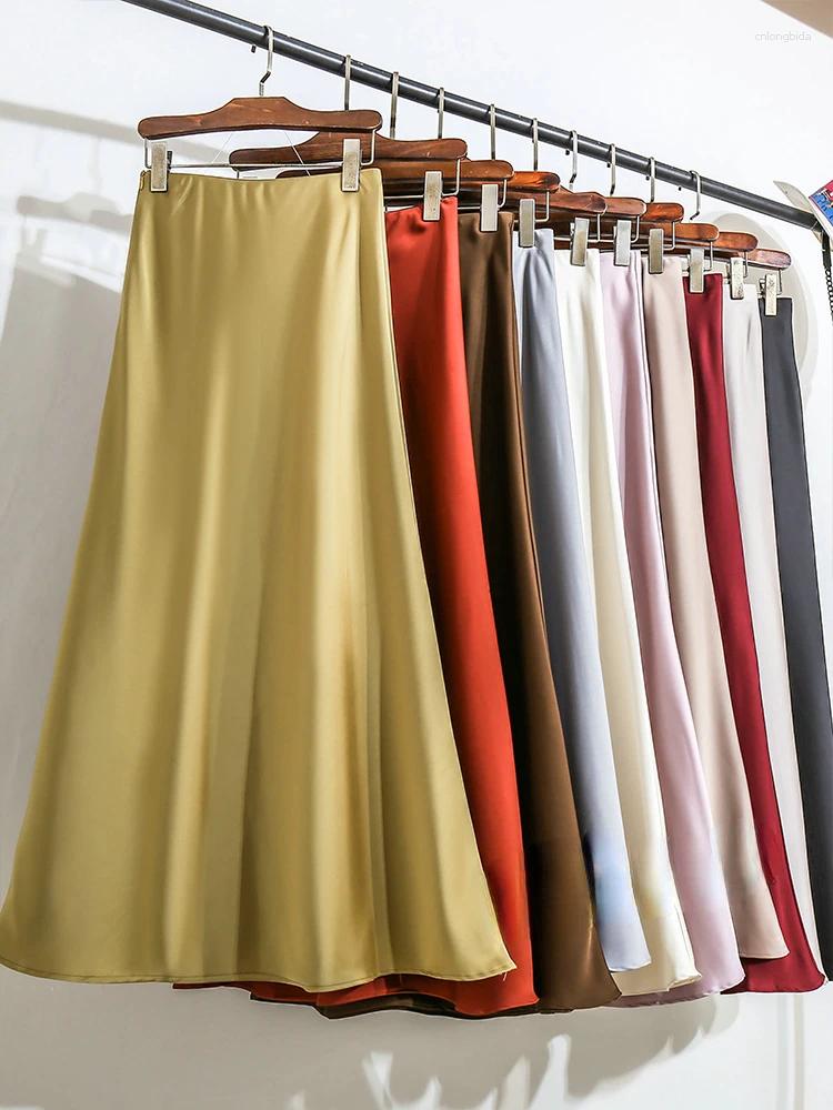 Skirts Women's Long Skirt 2024 Fashion Satin Office Lady Elastic Waist Solid Champagne Purple Red Silk A-LINE For Women