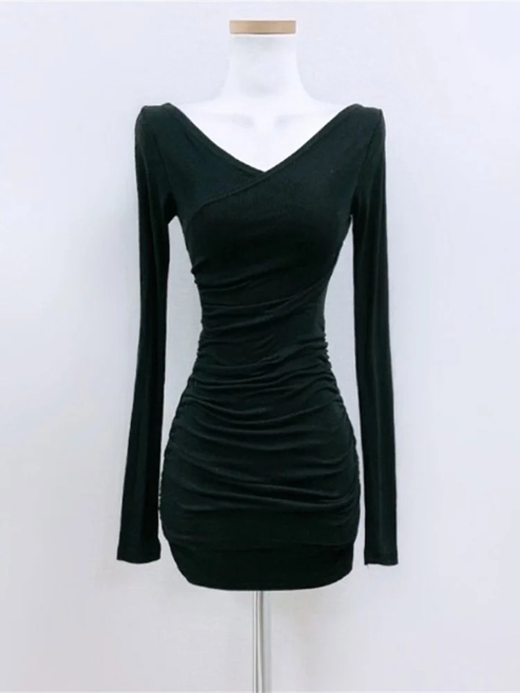 Mini Korean Womens Blue Long Sleeve White Dress Summer Tops Blue Sexy V Neck Short Thin Body Tight Hip Dresses KJ2O 240808