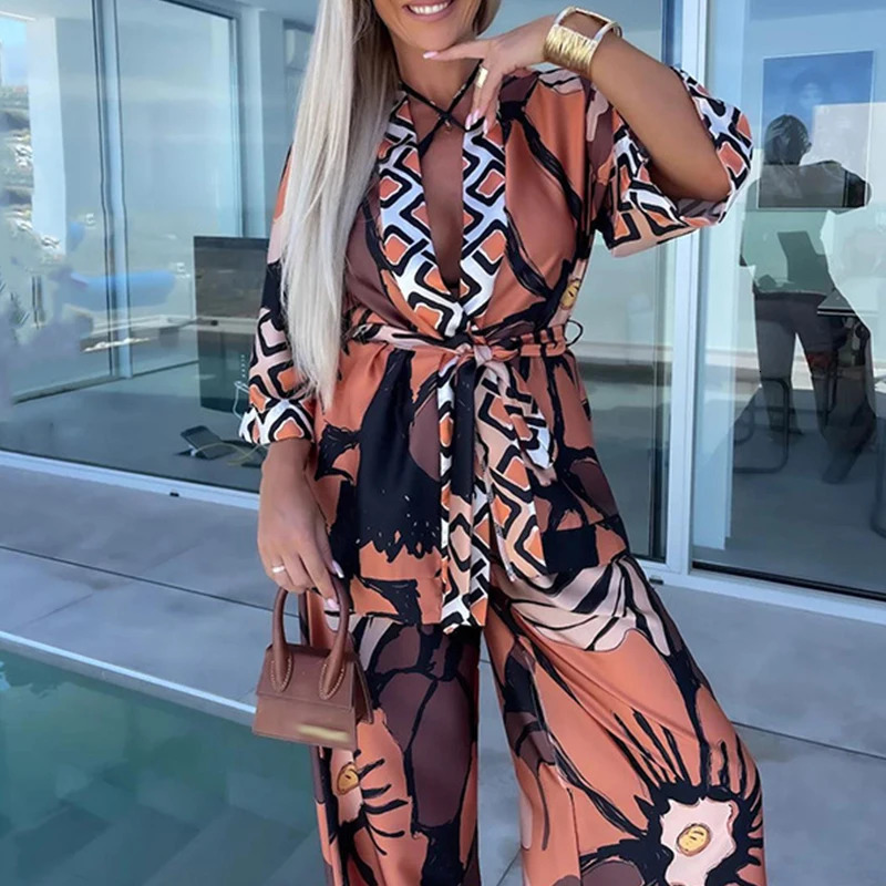 Casual Loose Holiday Two Piece Sets Womens V-neck Cardigan Tops with Long Pants Suits 2024 Spring Vintage Printed Beach Outfits 240813