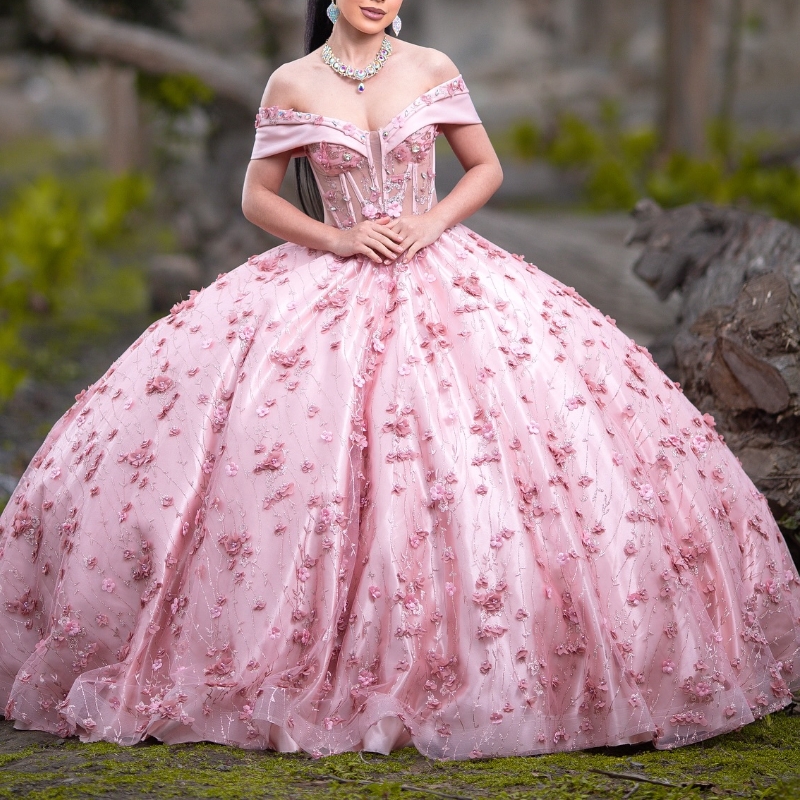 Luxury Pink Mexican Quinceanera Dressess Off The Shoulder Applique Beads Crystal Lace Up Corset Sweet 16 Vestido 15 De Anos