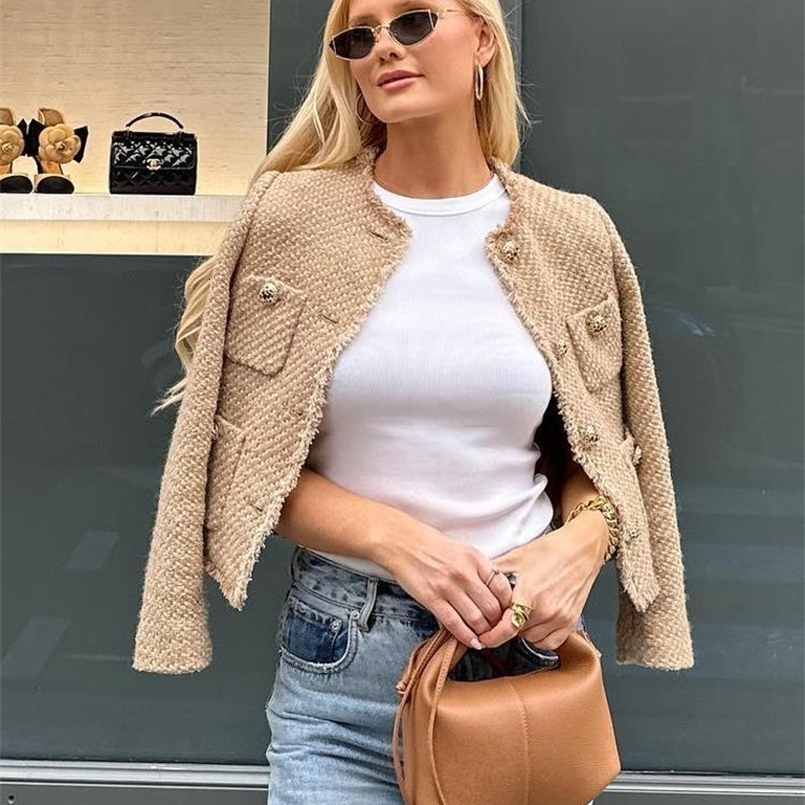 Fashion O-neck Pockets Short Coats For Women Autumn Long Sleeve Single Breasted Tweed Jacket Chic Cropped Coats Female 240807