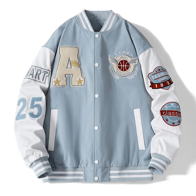 Male college student baseball bomber jacket hiphop Harajuku bone letter patch work leather street clothing female unisex 240827