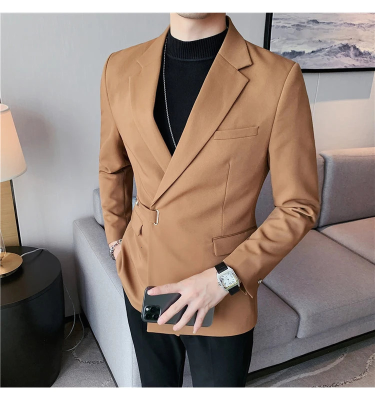 Men Dress Autumn Blazers Cotton Linen Oblique Buckle Tuxedo Man Jacket One Button Pockets Blazer Coat Homens Suit Male Clothing 240807