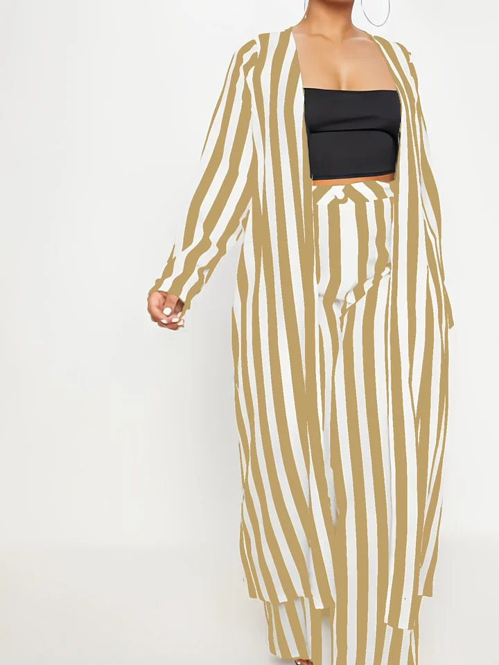 Plus Size Long Sleeve Black White Striped Set African Clothes High Waist Wide Leg Pants Two Piece Set Elegant OL Ladies Clothing 240813