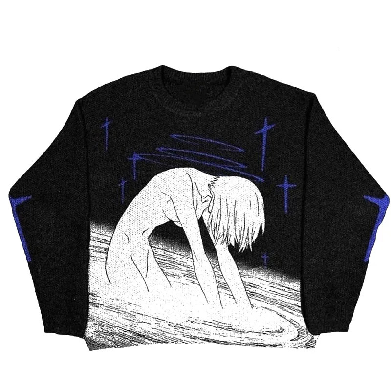 Mens Womens Y2K Knitted Sweater Harajuku Anime Pattern Retro Knitted Sweater Unisex Cotton Pullover Autumn Winter Sweater EMO 240808