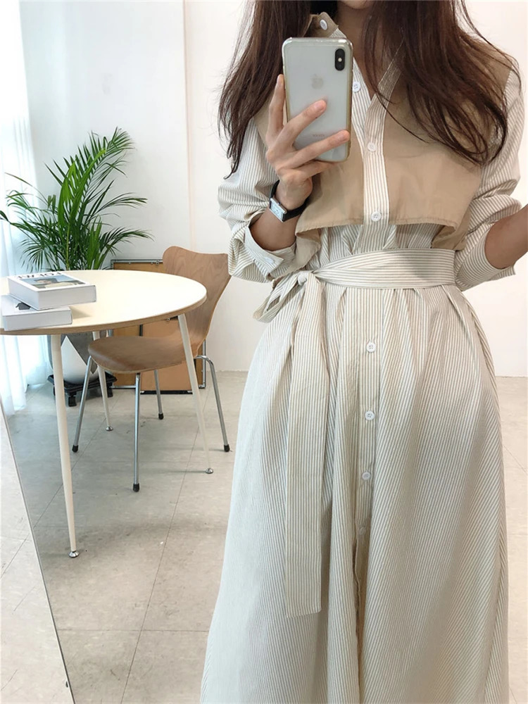 REALEFT Autumn French Striped Womens Shirts Dresses Lace Up Straight Korean Casual Loose A-Line Long Dress Female 240808