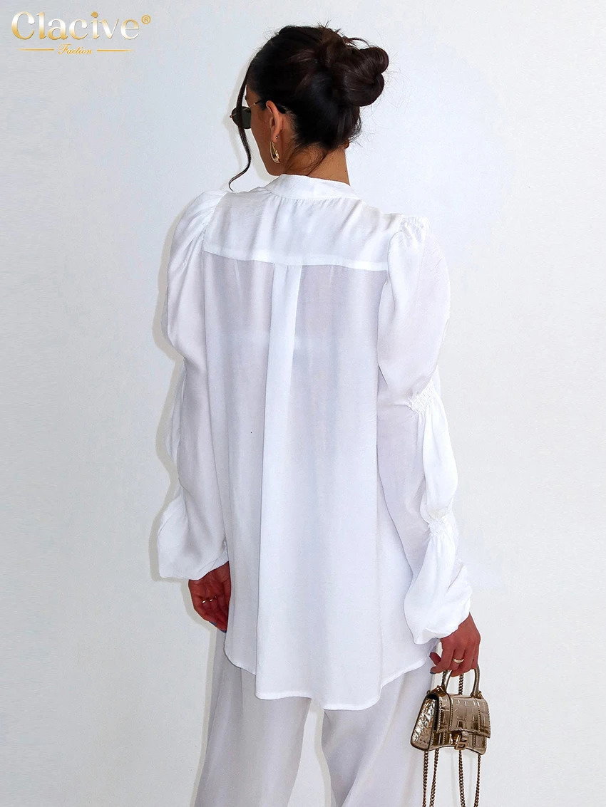 Clacive Sexy Loose White Womens 2 Piece Outfit Set 2024 Fashion Long Sleeve Lace-Up Shirt With High Waist Wide Pants Set Female 240813