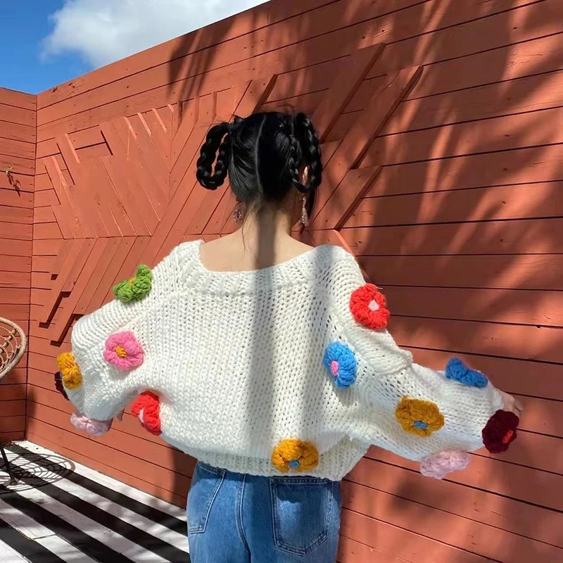 Harajuku Flower Knitted Cardigan Women Sweet Cute Cropped Sweater Coat Y2K Streetwear Floral Knitwear Winter Korean Jumpers Tops 240808