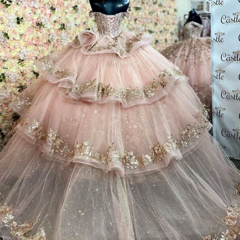 Pink Quinceanera Dresses Gold Applique Beading Sequin With Detachable Tail Graduation Party Princess Sweet 15 Dress