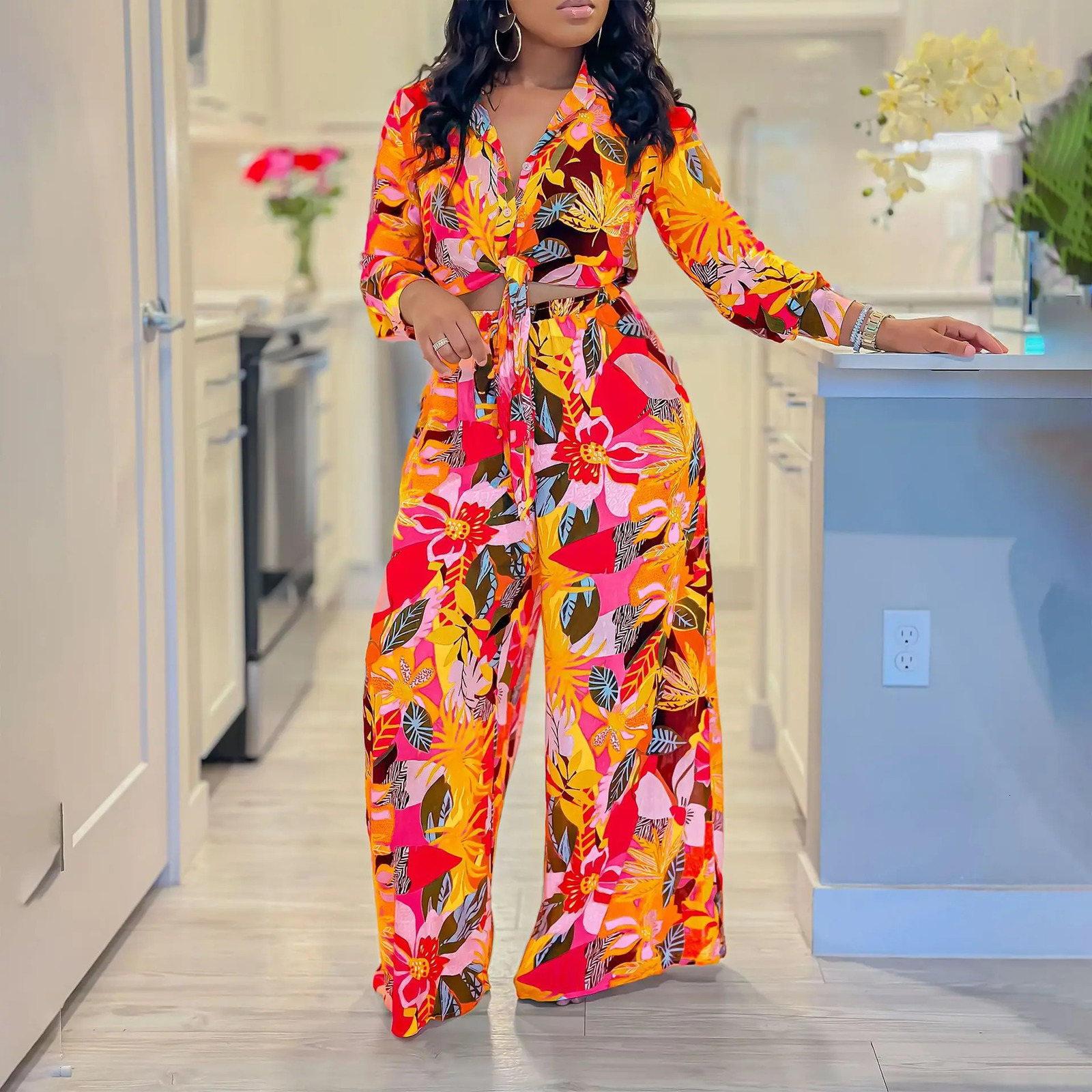 2 Piece Women Sets 2024 Arrival Summer Autumn Matching Sets Flower Print Two Pieces Sets Top Pants Suits Outfits Clothing 240813